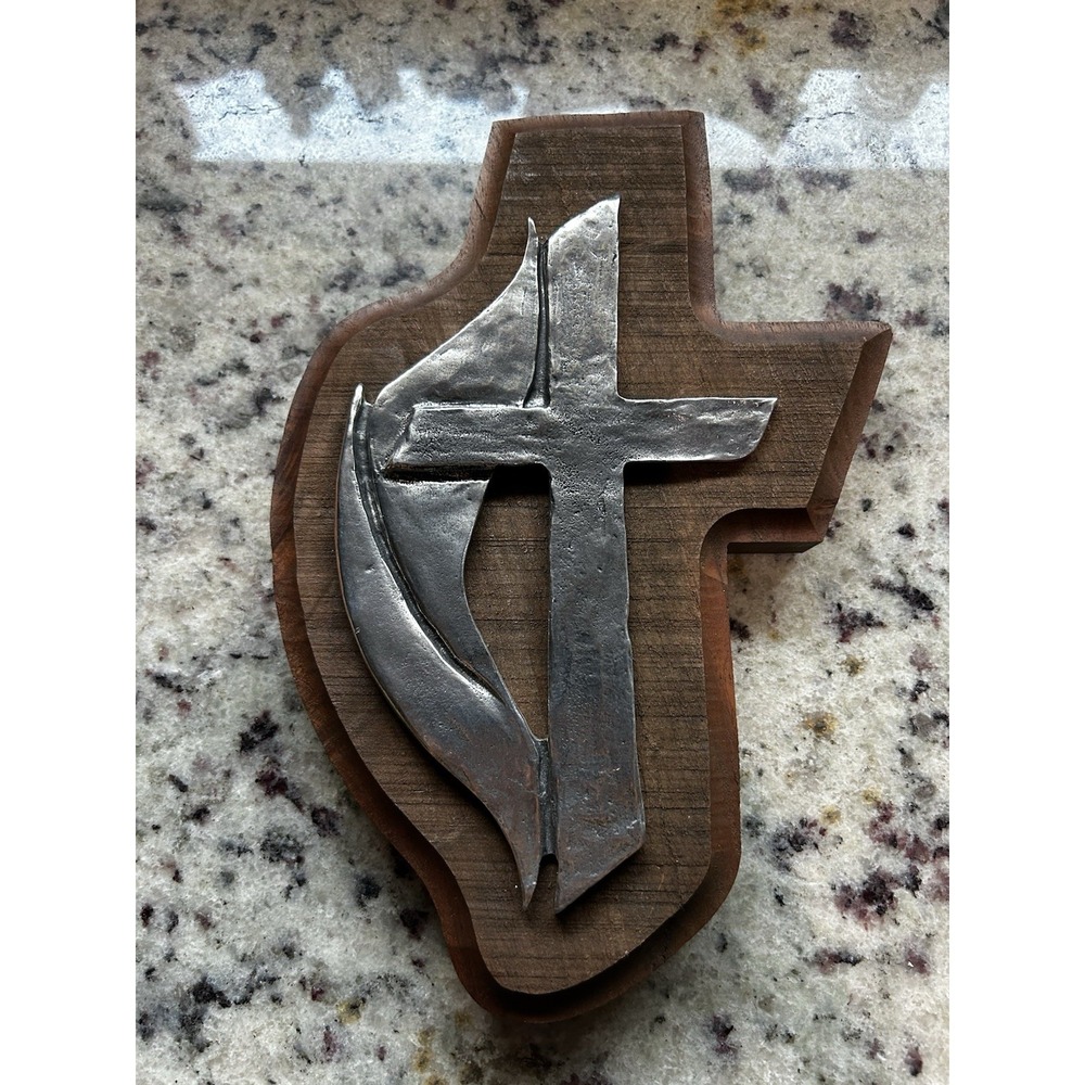 Vintage United Methodist Church UMC Cross & Flame Wooden Wall Plaque